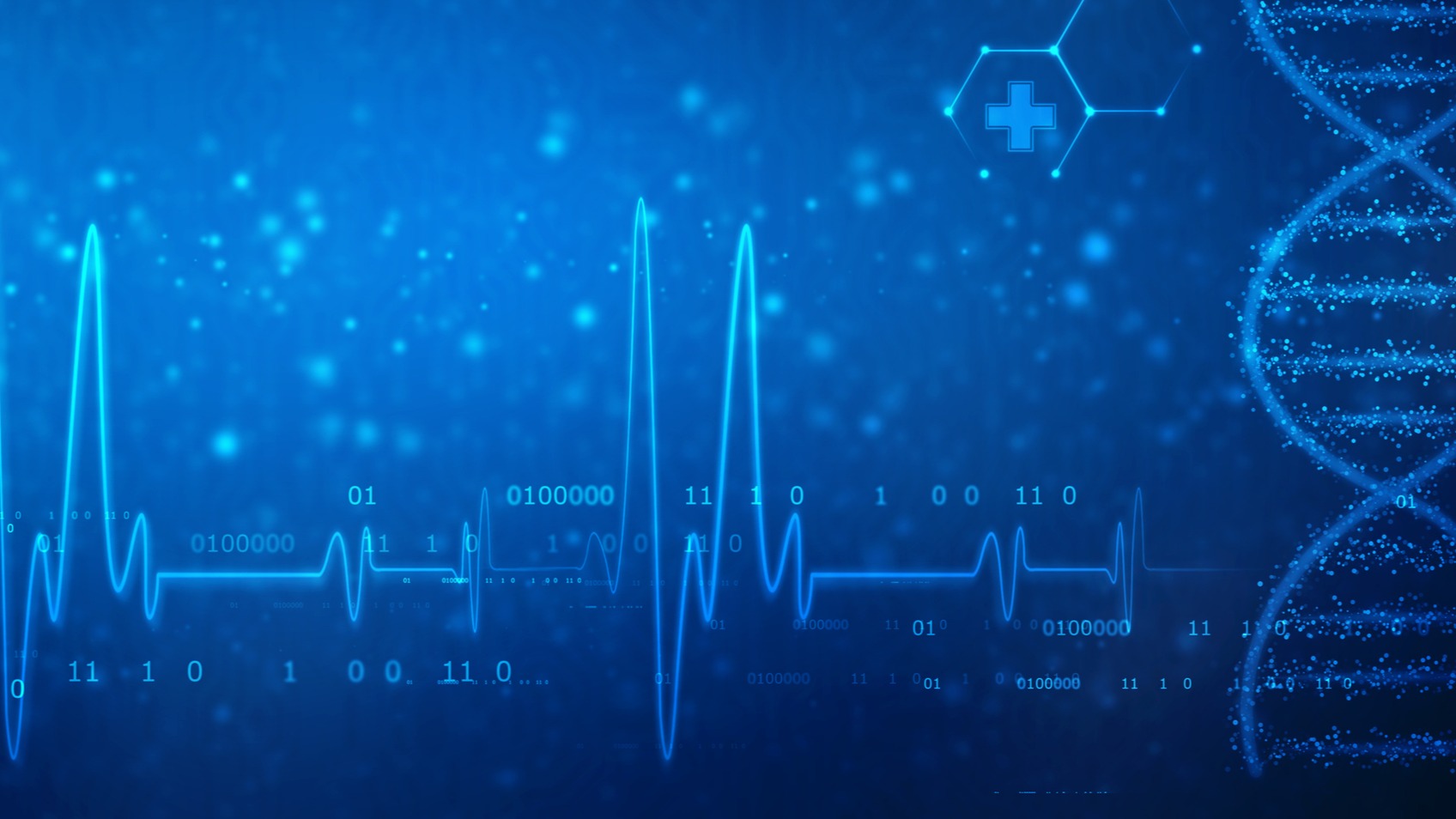 Digital heartbeat waveform with medical data and DNA imagery